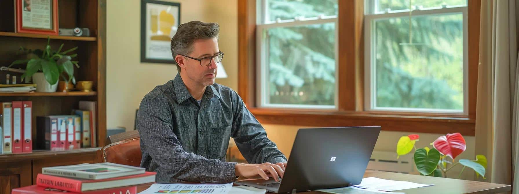 a modern home office setting showcases a charismatic columbus homeowner thoughtfully reviewing financial documents and energy assessments on a sleek laptop, surrounded by informative brochures about energy-efficient ac systems and available financial incentives, highlighting the interplay between cost savings and sustainable living.