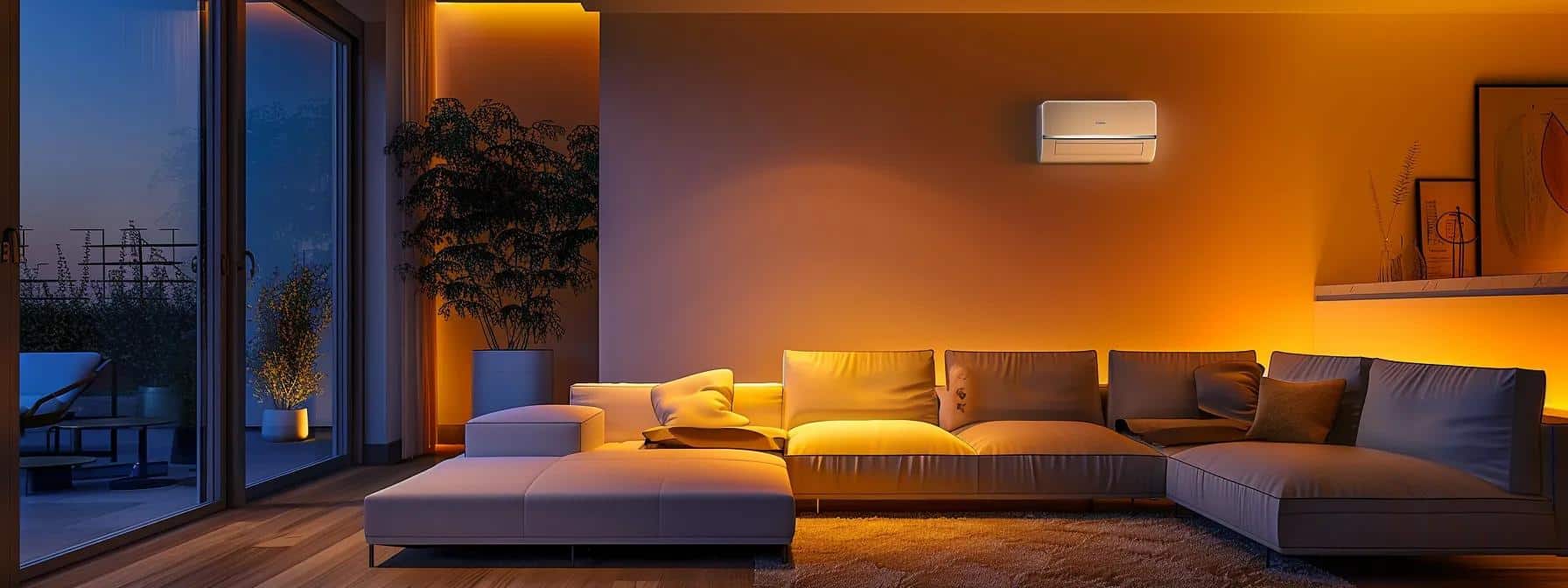 a sleek, modern living room showcases a high-tech smart thermostat on a wall, alongside a minimalist air conditioning unit, bathed in warm, ambient light, illustrating the integration of innovative cooling technology in a stylish home designed for long-term energy efficiency.