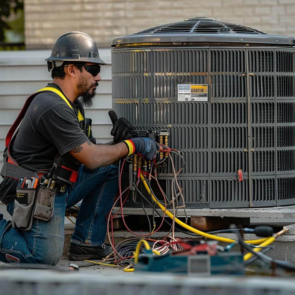 Commercial AC technician performing a tune-up on a large air conditioning unit